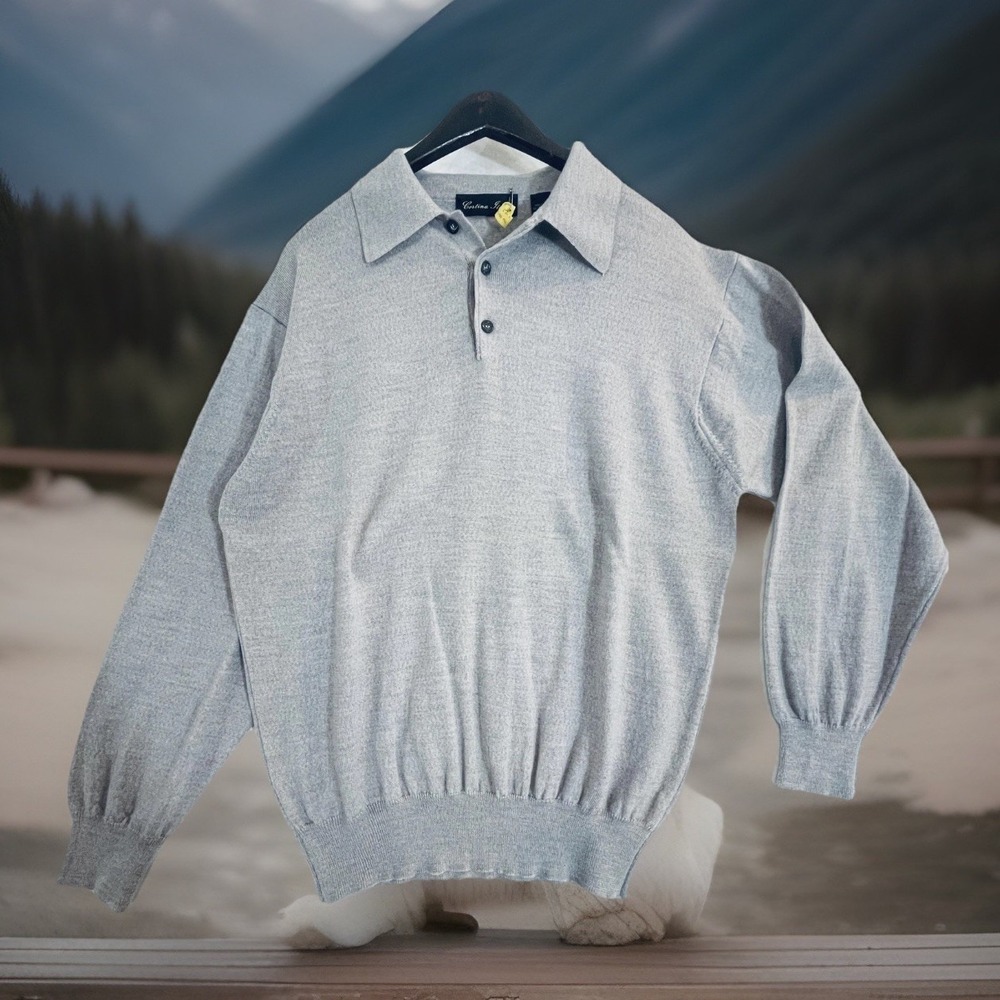 Cortina Italia Sweater Mens Large Gray Merino Wool Collared Knit Pullover‎